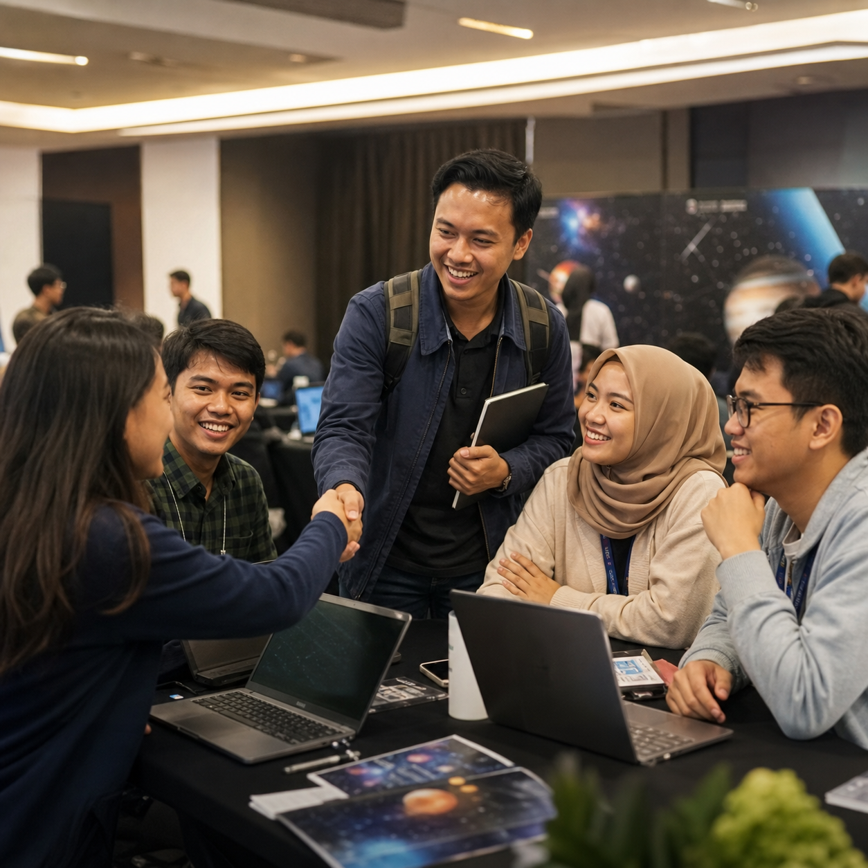 An individual participant meeting a NASA Space Apps team